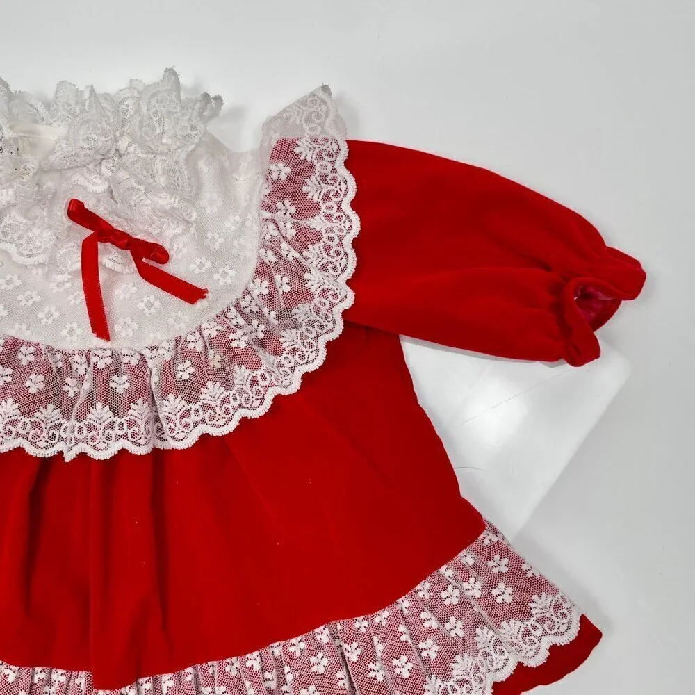 Vintage Toddler 18M Red Velvet and Lace Trim Christmas Dress w/ Bubble Sleeves